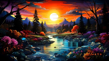 Wall Mural - Image of river at sunset with mountains in the background.