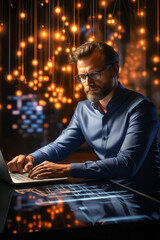 Sticker - Man sitting at desk using laptop computer with lot of lights hanging from the ceiling.