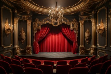 a luxurious theater with a wooden scene and elegant velvet drapes. Generative AI