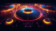 © PaulShlykov - DJ console cd mp4 deejay mixing desk house music party in nightclub with colored disco lights.