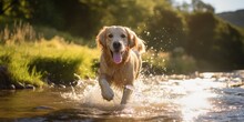 Happy Golden Retriever Dog Is Running Through The Water In Nature On A Sunny Day