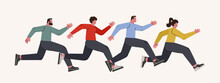 Group Of People Running Fast. Business Team Characters Run Forward. Men And Women In Motion. Concept Of Business Success, Leadership And Goal Achievement. Flat Vector Illustration Isolated On White Ba