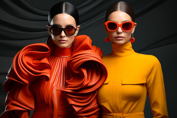 Wall Mural - Two women wearing red and yellow outfits and sunglasses, one wearing yellow dress.