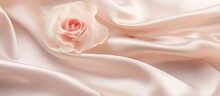 Soft And Elegant Silk Satin Fabric In A Nude Color Draped With Subtle Folds On A Light Brown Background Offering Space For Design Perfect For Weddings And Birthdays