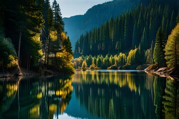 Wall Mural - a tranquil lakeside forest with a reflection of towering pine trees in the water