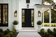 Exterior: Contemporary Farmhouse Front Entrance With Vertical White Siding, Black Door, Columns, And Sconce Lights. Generative AI