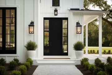 Exterior: contemporary farmhouse front entrance with vertical white siding, black door, columns, and sconce lights. Generative AI