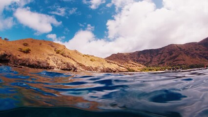 Poster - Underwater view of the vivid and healthy coral reef in the famous Komodo National Park in Indonesia. Splitted footage above and underwater