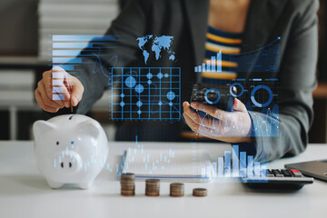 Wall Mural - data management system with business analytics concept. business team hands working with provide inf