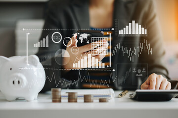 Wall Mural - data management system with business analytics concept. business team hands working with provide inf
