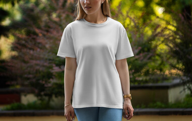 Wall Mural - Mockup of a white T-shirt on a girl against the background of a green park, street.