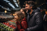 Fototapeta Tulipany - Family with dad and little daughret shopping in a grocery store