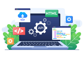 Application Programming Interface concept, API provides the interface for communication between applications, Software development tool, Internet and networking, simplifying application integration 