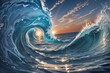 Oil painting of waves beautiful impasto bright pastel colors gouache natural lighting blue gold, AI-generated