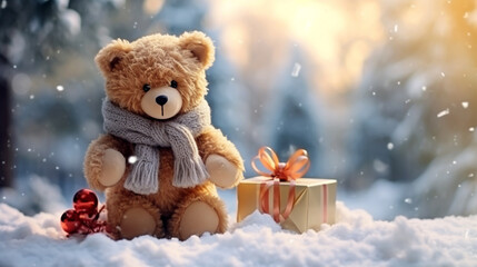 Sticker - Christmas card. teddy bear in the winter forest with gifts. Generative Ai