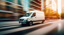 White Modern Delivery Small Shipment Cargo Courier Van Moving Fast On Motorway Road To City Urban Suburb. Business Distribution And Logistics Express Service. Mini Bus Driving On Highway On Sunny Day.