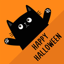 Happy Halloween. Black Cat Peeking From Paper Corner. Kitten Head Face Looking Up. Paw Print. Cute Cartoon Kawaii Character. Pet Baby Collection. Greeting Card. Flat Design. Orange Background. .