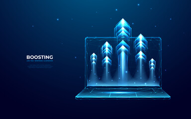 Poster - Abstract high speed growth up arrows on a laptop screen. Fast internet concept. Boost metaphor on technology dark blue background. Digital vector illustration in futuristic low poly wireframe style.