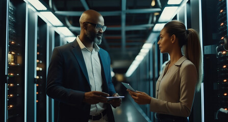 Fototapete - Two IT administrator man and woman using a digital tablet while working in a data centre.