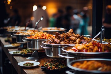 Hot buffet food in restaurant serving trays