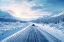 Snowy Winter Road, Surrounded By Mountains Of Dramatic Sky