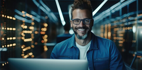 Poster - Computer technician working in server room.