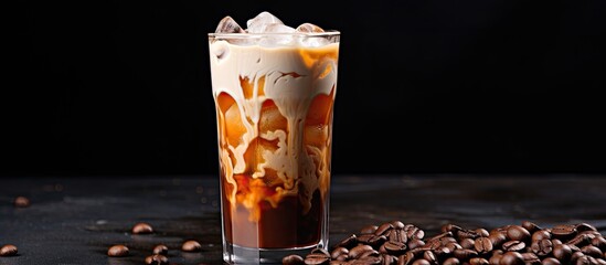 Wall Mural - Creamy iced coffee with beans on stone background