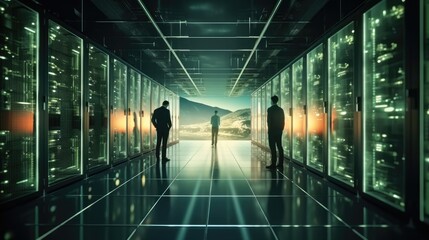 Fototapete - IT engineer man checking servers in big cloud computing server.