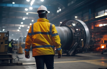 Aufkleber - Industrial Engineer while walking through in heavy industry manufacturing factory with various metalworking processes.