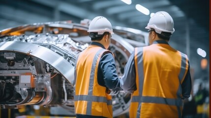 two heavy industry engineers using digital tablet checking in pipe manufacturing factory, constructi