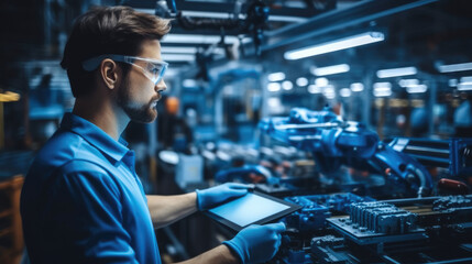 Poster - Confident man worker skillfully operating high-tech machinery in a modern automotive manufacturing at factory.