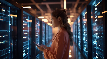 Leinwandbilder - IT engineer female checking servers in big data center.