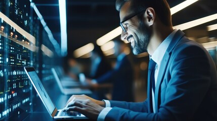 Leinwandbilder - IT Engineer man working on laptop in server room or data center,