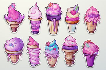 Ice cream Stickers, Flat cute ice cream cone sticker pack, A set of ice cream stickers isolated on white background, comic style ice cream cones, cartoon concept ice cream stickers, Purple theme candy