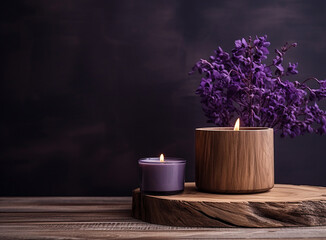 Wall Mural - burning candle on a wooden table, creating a cozy ambiance with a warm and inviting backdrop. Generative AI.