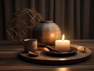 Wall Mural - burning candle on a wooden table, creating a cozy ambiance with a warm and inviting backdrop. Generative AI.