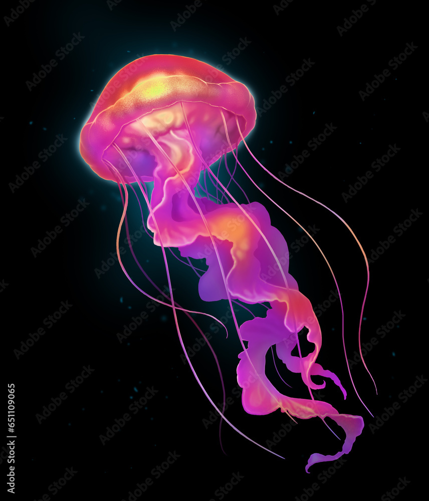 Orange and bright Jellyfish deep sea poisonous illustration realism ...