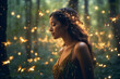 A Cute Young Girl In mystical forest where fireflies create intricate patterns of light