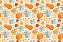 Autumn Botanical Pattern With Various Plant Elements, Pumpkin, Gourd, Acorn, Chestnut, Flower And Leaf
