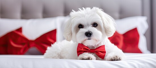 Wall Mural - A dog with a red bow is sitting on a bed and posing for a picture