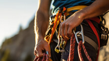 Male Rock Climber With Climbing Equipment Holding Rope Ready To Start Climbing The Route
