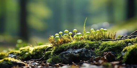 Sticker - A stone covered with green moss on a blurred forest background. Close - up. Natural background with copy space for your design.