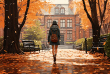 Silhouette Of A Woman Walking On Old Vintage Campus College Ivy League In Autumn Fall Trees Leaves In Magazine Editorial Cinematic Film Look