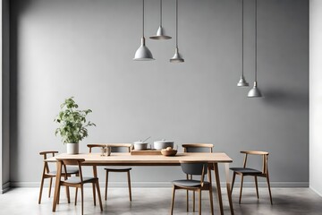 Empty gray wall in modern kitchen. Mock up interior in minimalist, contemporary style. Free space, copy space for your picture, text, or another design. Table, chairs 