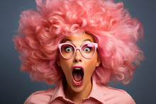 Woman Wearing Glasses And Pink Wig Surprised With Eyeglasses On Pink Background, In The Style Pick Photo, Clownpunk
