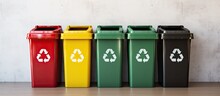 Metal Recycle And Trash Bins With Icons For Office Waste Management Clean Environment Design Concept With Space For Text