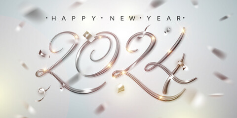 Wall Mural - 2024 silver metallic numbers with falling confetti on bright background. Merry Christmas and Happy New Year greeting card