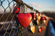 Padlock In Shape Of A Heart On A Fence Among Many Other Padlocks. Valentines Day, Love And Relationship Concept. Generative Ai