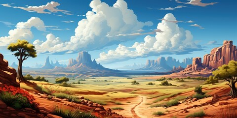 Wall Mural - Canyon desert landscape with road perspective. illustration of sandy valley with cacti and rocky stones walls under blue sky with clouds, sun flares, summer travel to western