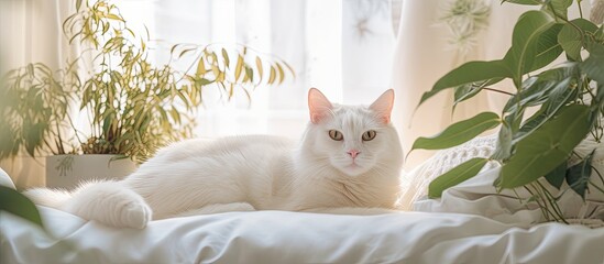 Canvas Print - Minimalist bedroom interior with a white cat and plants creating an urban jungle ambiance